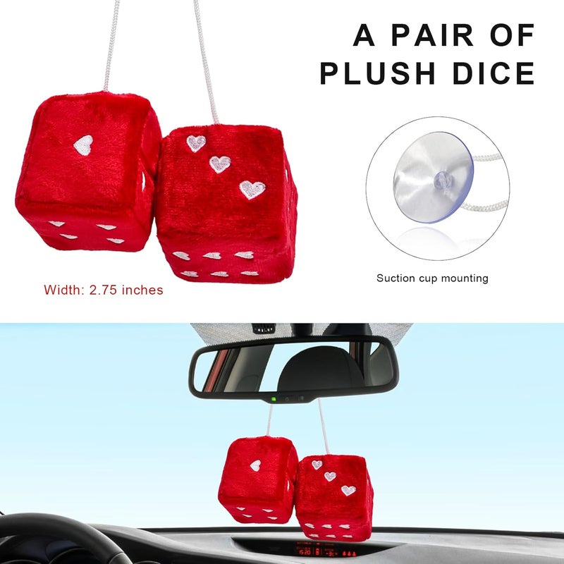 ZNDAW 2 PCS Fuzzy Plush Dice for Car Mirror, 2.75" Retro Square Heart Shape Car Rearview Mirror Cute Decor, Fluffy Dice Vehicle Hanging Ornament Decoration Interior for Women (Red) - Image 2